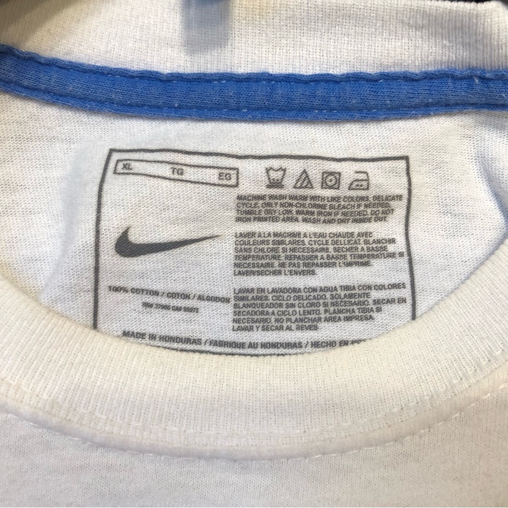 Nike White T-Shirt with Blue Neck Trim and Blue and orange trim Nike Logo - Picture 5 of 10